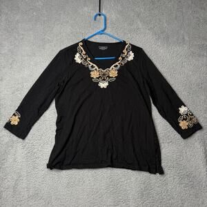 Vintage Charter Club Blouse Women's Petite Medium Black Floral Embroidered